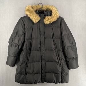 J Jill Down Puffer Jacket Womens 3X Black Fur Trim Hooded Longline Warm Pockets